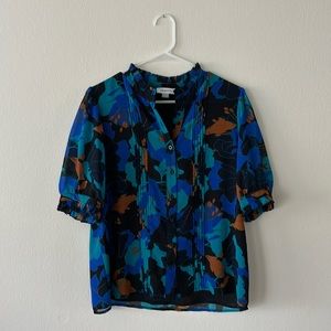 Calvin Klein Blue Teal Black Floral Puff Sleeve Blouse